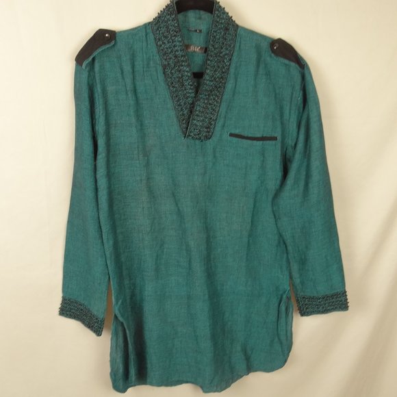 Slok Tops - SLOK Tunic Large Long Sleeve Teal Top Black Beads